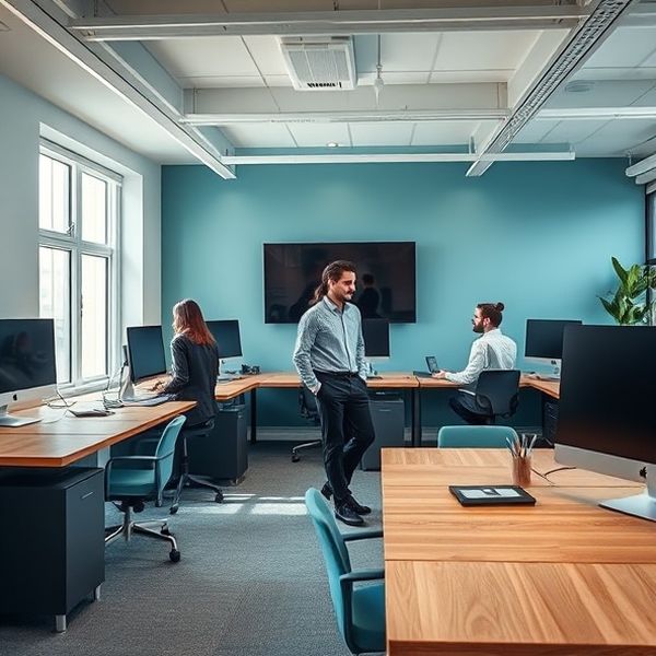 Team von Course Insight in einem Düsseldorfer Büro an Stehschreibtischen
